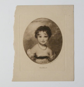 Print; Mezzotint engraving. Childhood: Lady Emily Caroline Catherine Frances Cowper, later Countess of Shaftesbury (1810-1872) after Sir Thomas Lawrence.Half length portrait of a child, a string of pearls round her neck. Unframed.